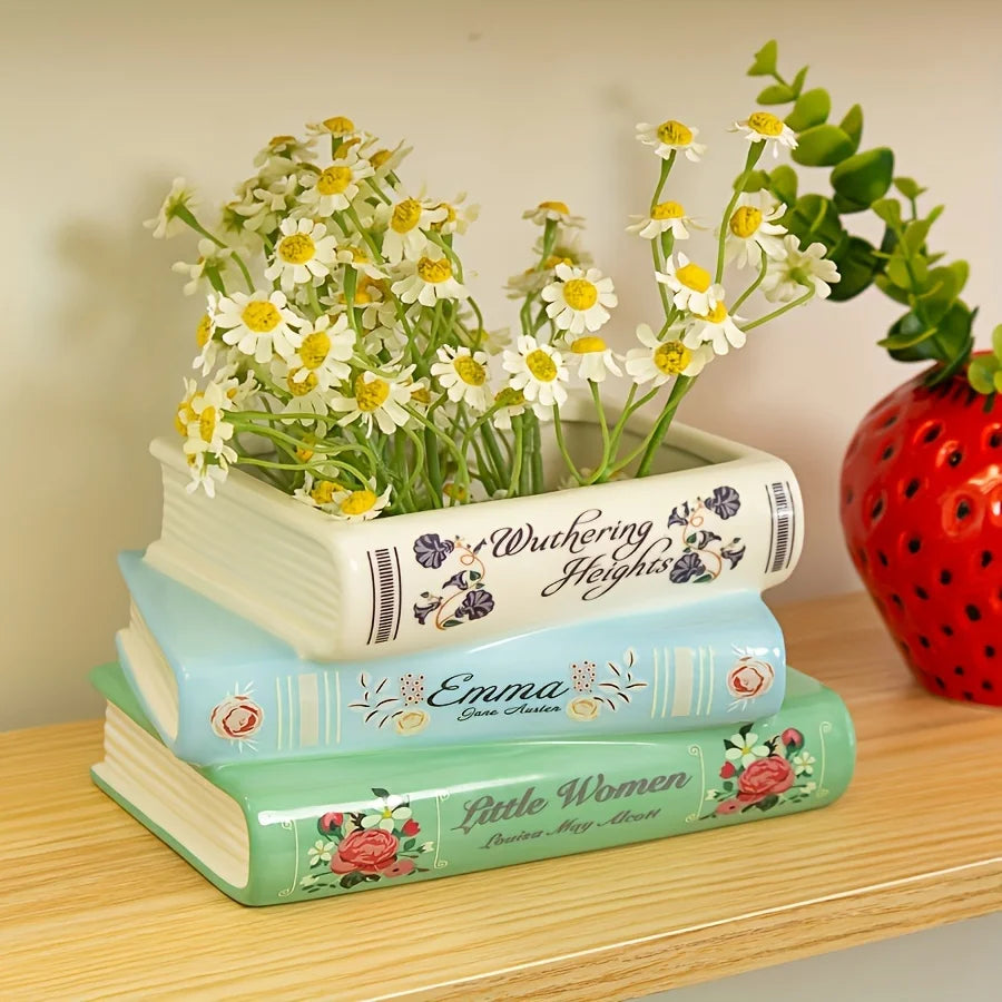 1pc Creative three-layer Ceramic Book Vase, retro book-shaped vase, home decoration ceramic flower pot, Festival gift