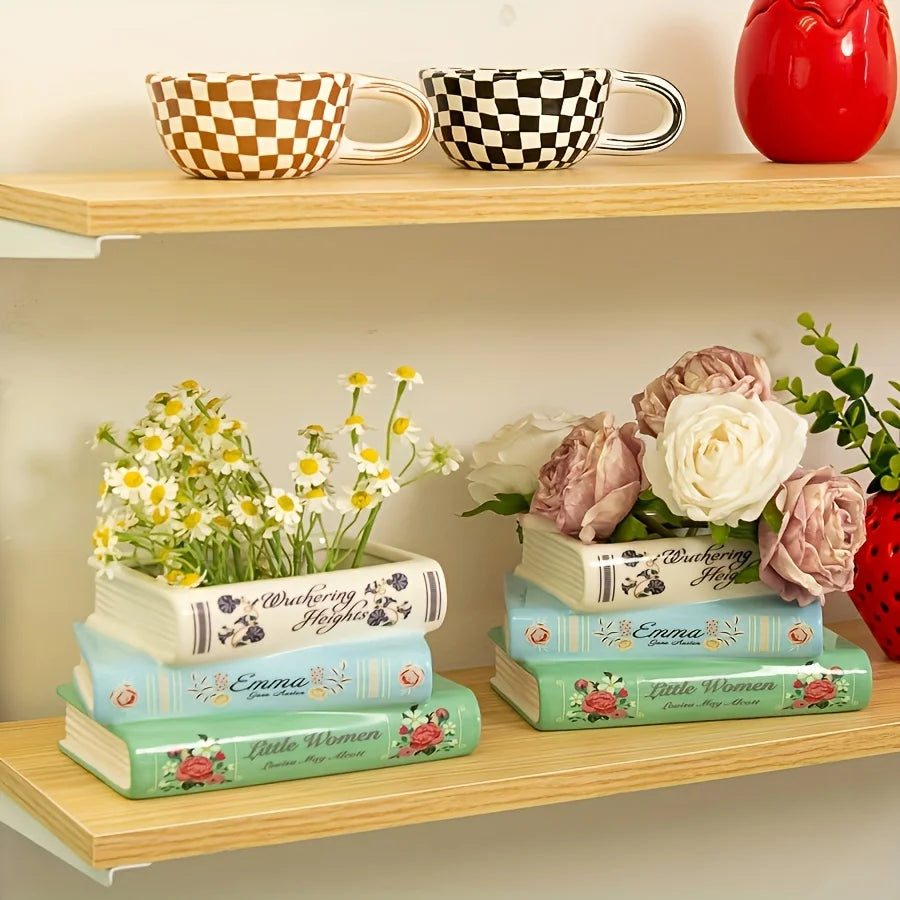 1pc Creative three-layer Ceramic Book Vase, retro book-shaped vase, home decoration ceramic flower pot, Festival gift