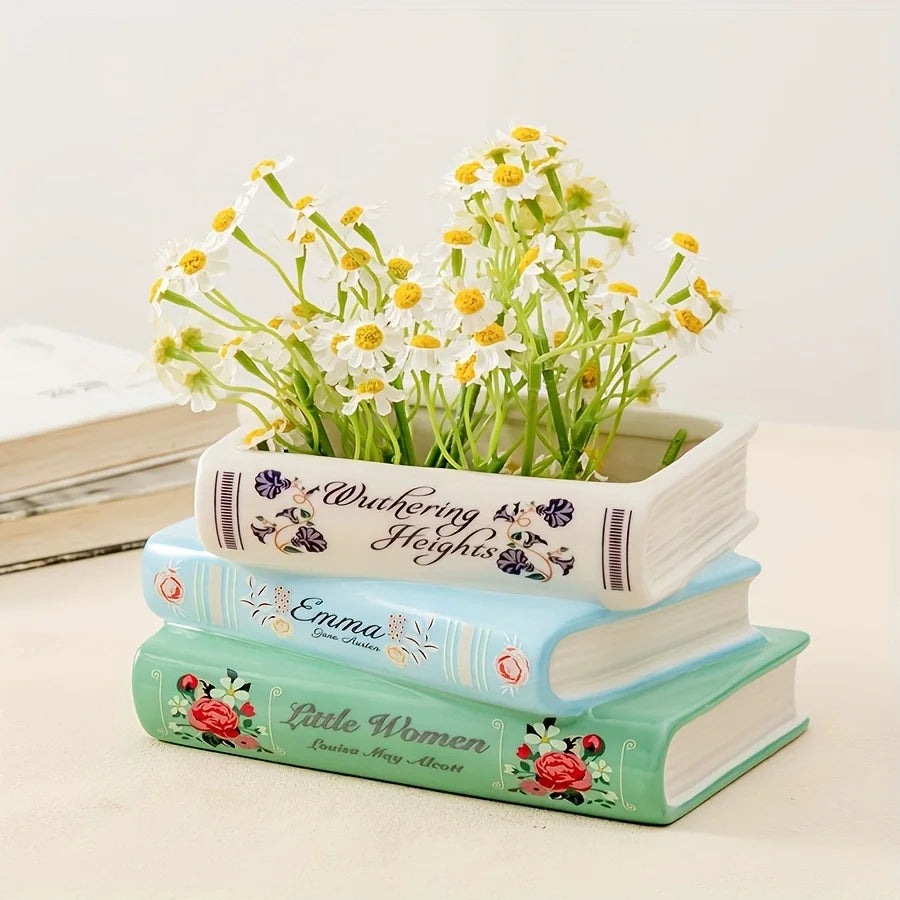 1pc Creative three-layer Ceramic Book Vase, retro book-shaped vase, home decoration ceramic flower pot, Festival gift